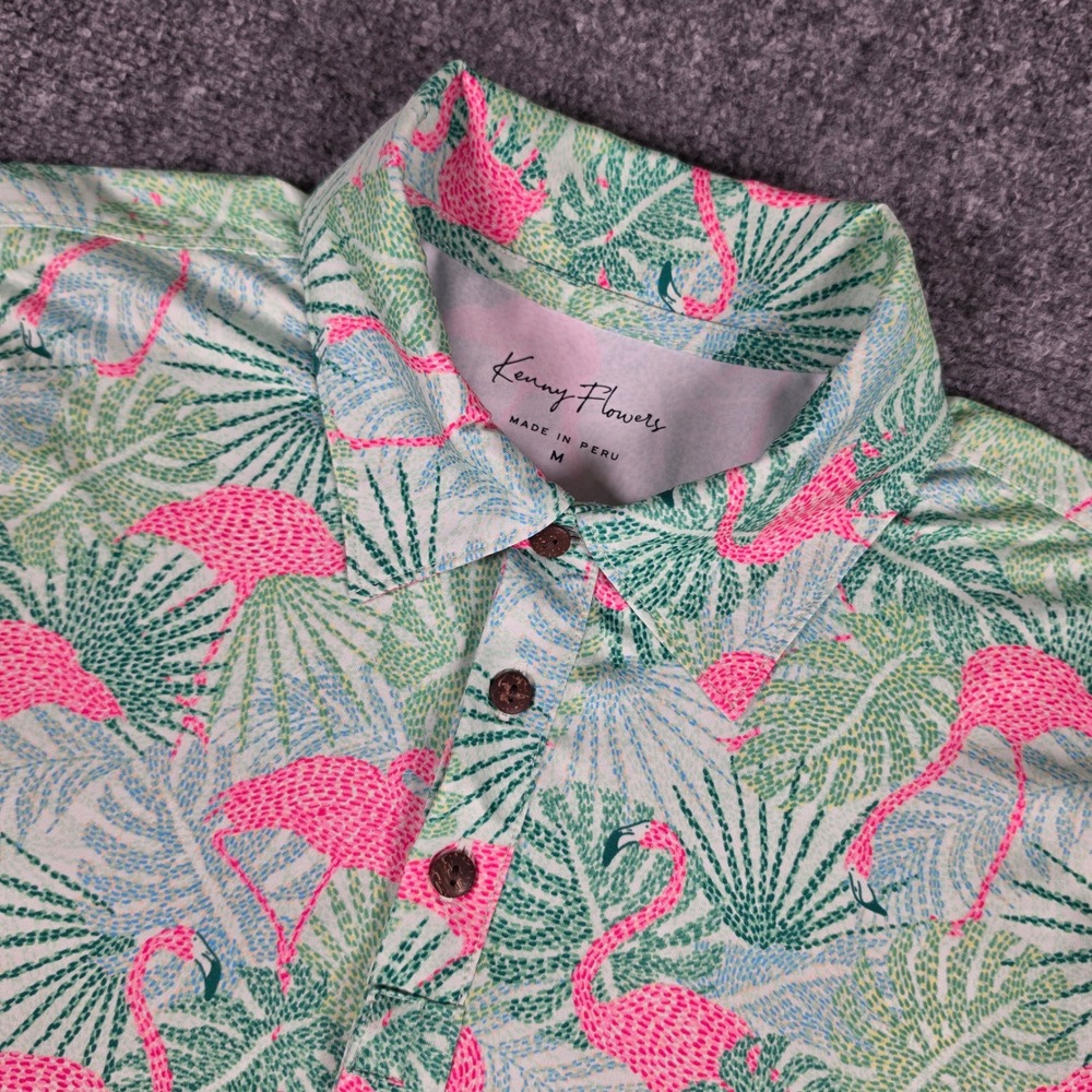 Kenny Flowers Polo Shirt Mens Medium Green Pink Flamingo Tropical Golf Shirt